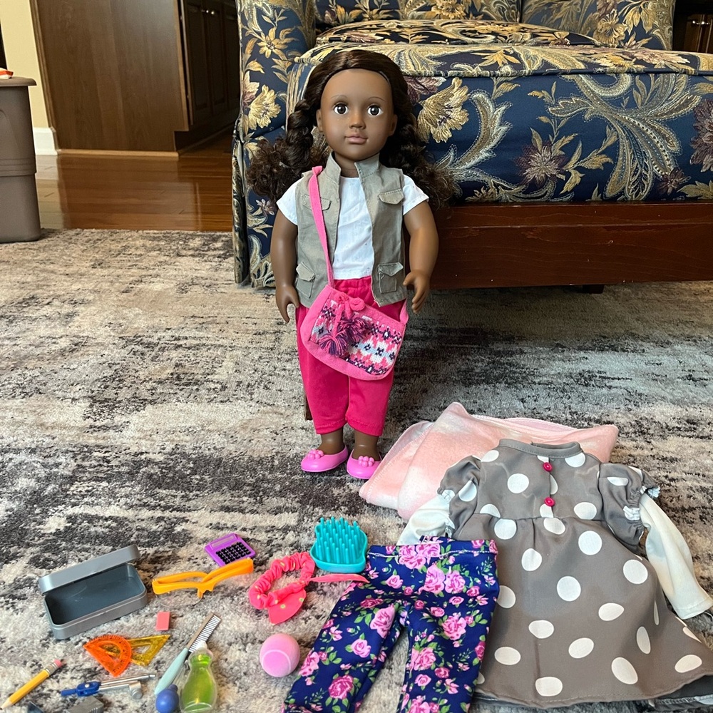 Baby Doll With Math Work Accessories, Hair Bow, Extra Pants, Dress, And Blanket.